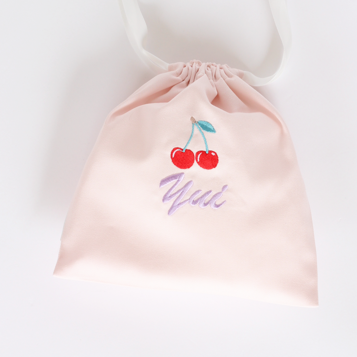 【チェリー🍒+名入れ刺繍】巾着袋Sマチなしドローストリングバッグ（４色）