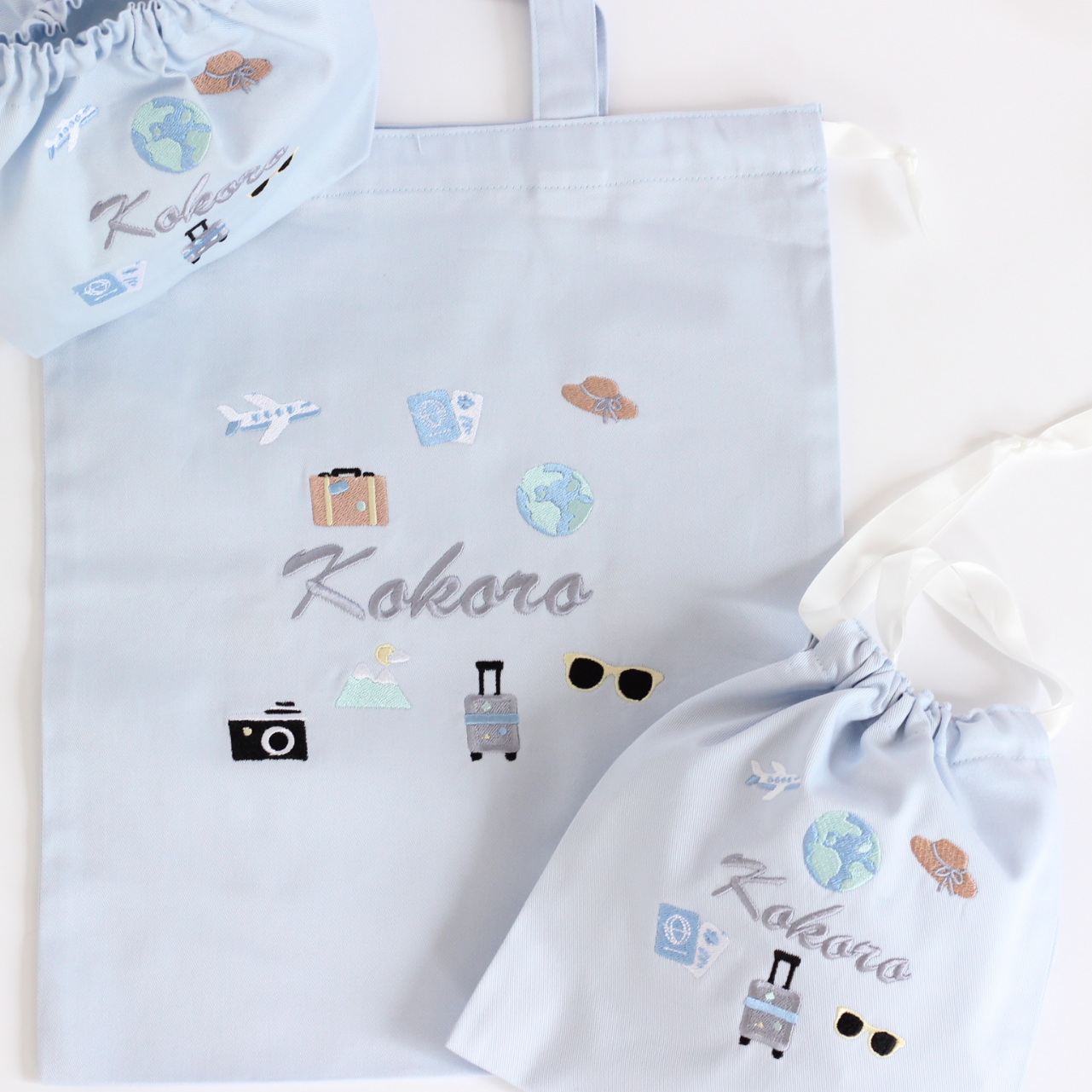 【Travelモチーフ+名入れ刺繍】巾着袋L持ち手つき（4色）ドローストリングバッグ