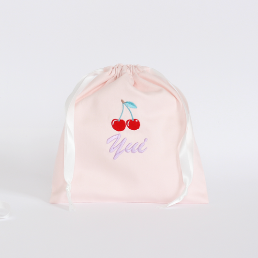 【チェリー🍒+名入れ刺繍】巾着袋Sマチなしドローストリングバッグ（４色）