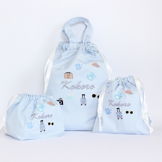 【Travelモチーフ+名入れ刺繍】巾着袋３点セット（4色）ドローストリングバッグ