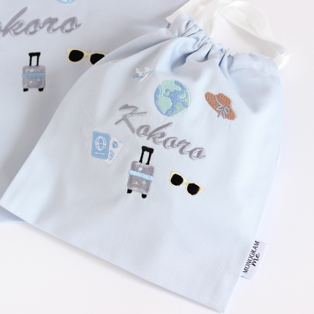 【Travelモチーフ+名入れ刺繍】巾着袋Sマチなし（4色）ドローストリングバッグ