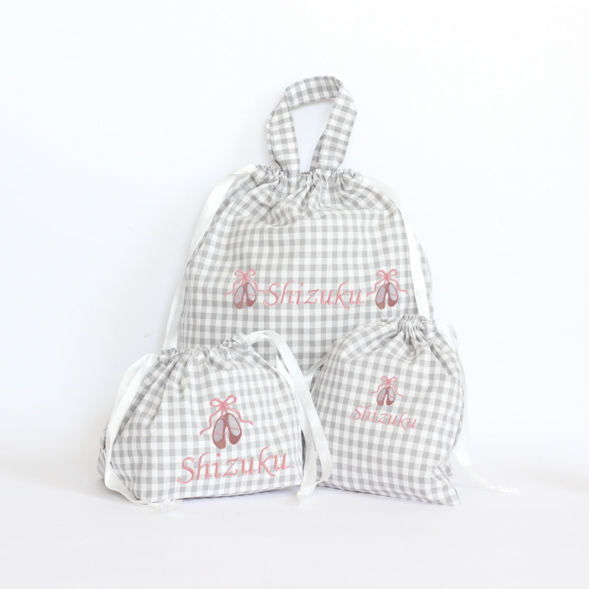 【選べるモチーフ＋名入れ刺繍】巾着袋3種類セット（チェック柄グレー）