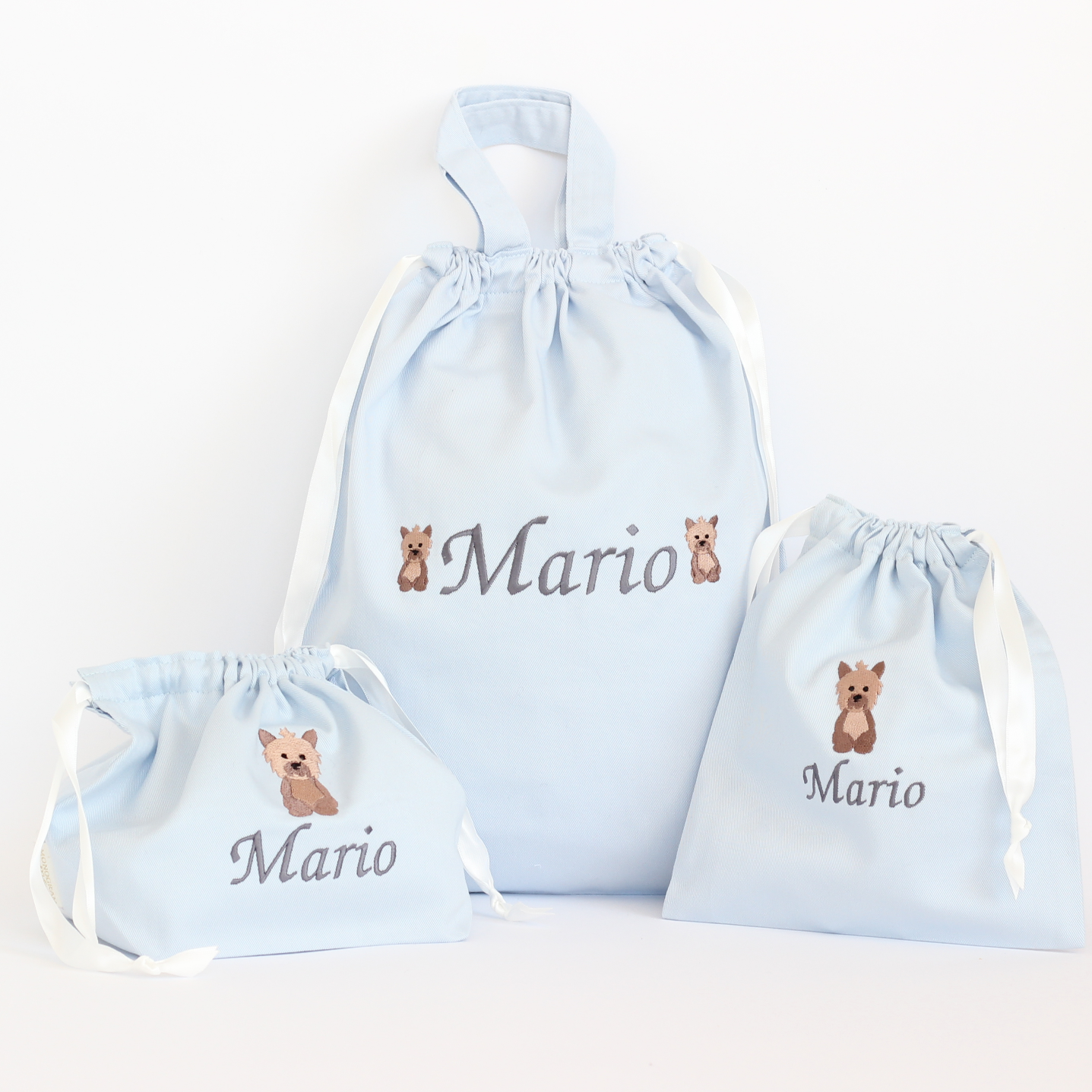 【ヨークシャテリア+名入れ刺繍】巾着袋3種類セット（4色）