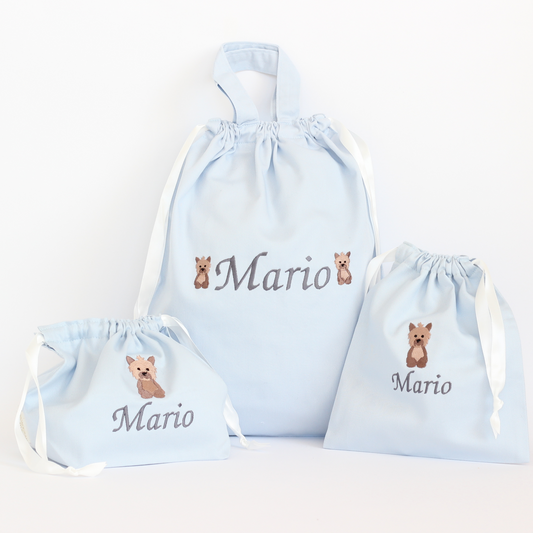 【ヨークシャテリア+名入れ刺繍】巾着袋3種類セット（4色）