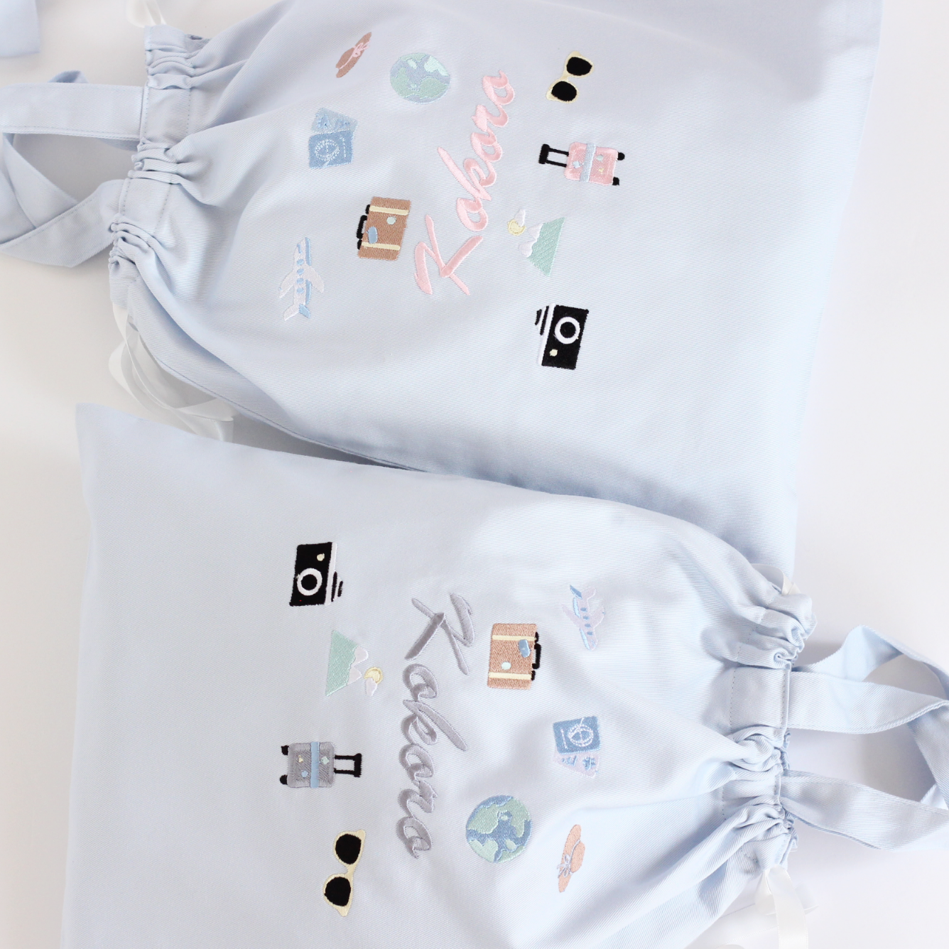 【Travelモチーフ+名入れ刺繍】巾着袋L持ち手つき（4色）ドローストリングバッグ